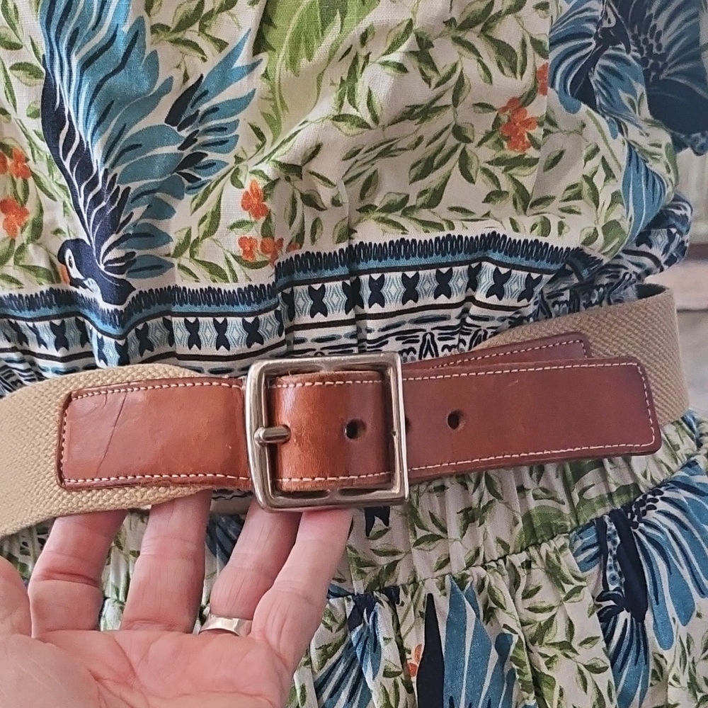 COACH Tan Woven Cotton Brown Harness Leather Brass Buckle Belt 4401 Size 34